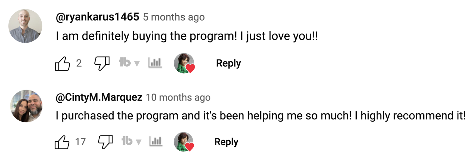 commenters say "I am definitely buying the program!" and "I purchased the program and it's been helping me so much! I highly recommend it!"