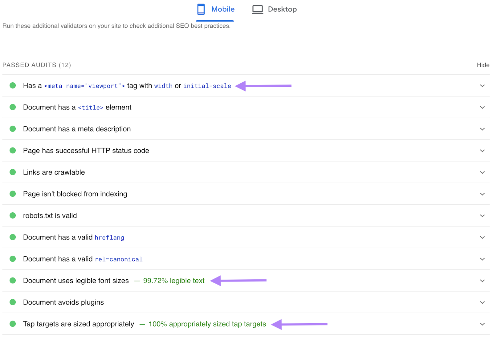 "Passed Audits" section of PageSpeed Insights report