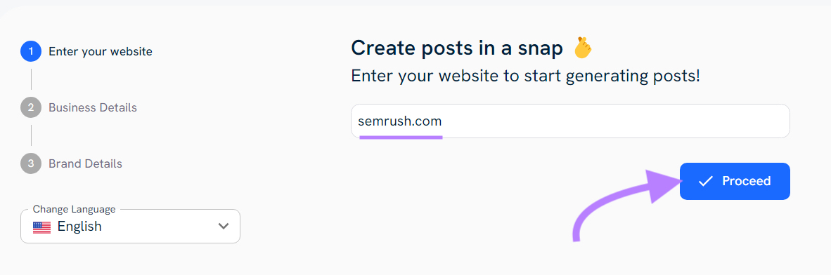 AI Social Content Generator setup page with a URL entered and "Proceed" clicked.