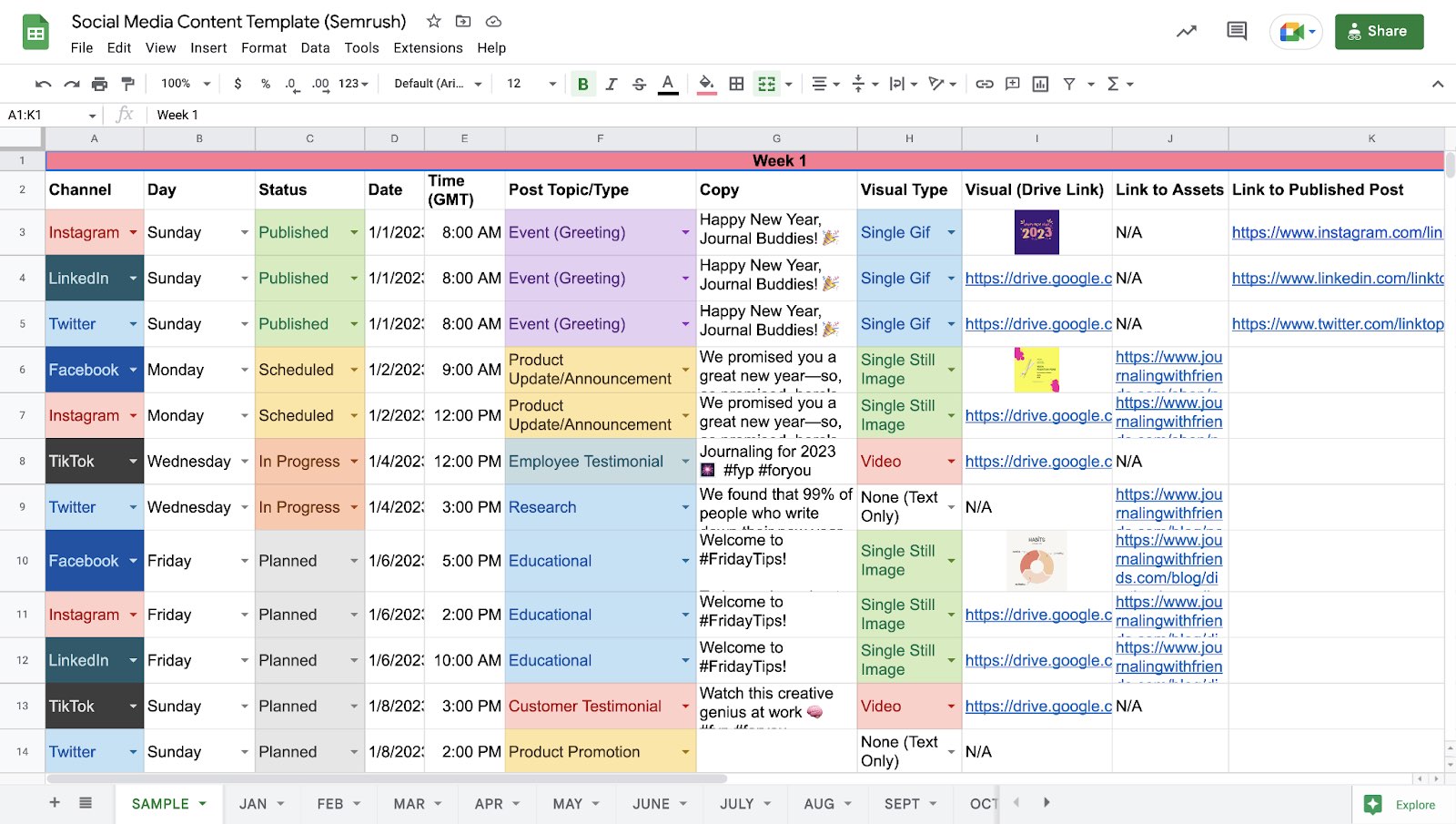 Social media content calendar template with examples of social media platforms and the content to be posted on each one on different days.