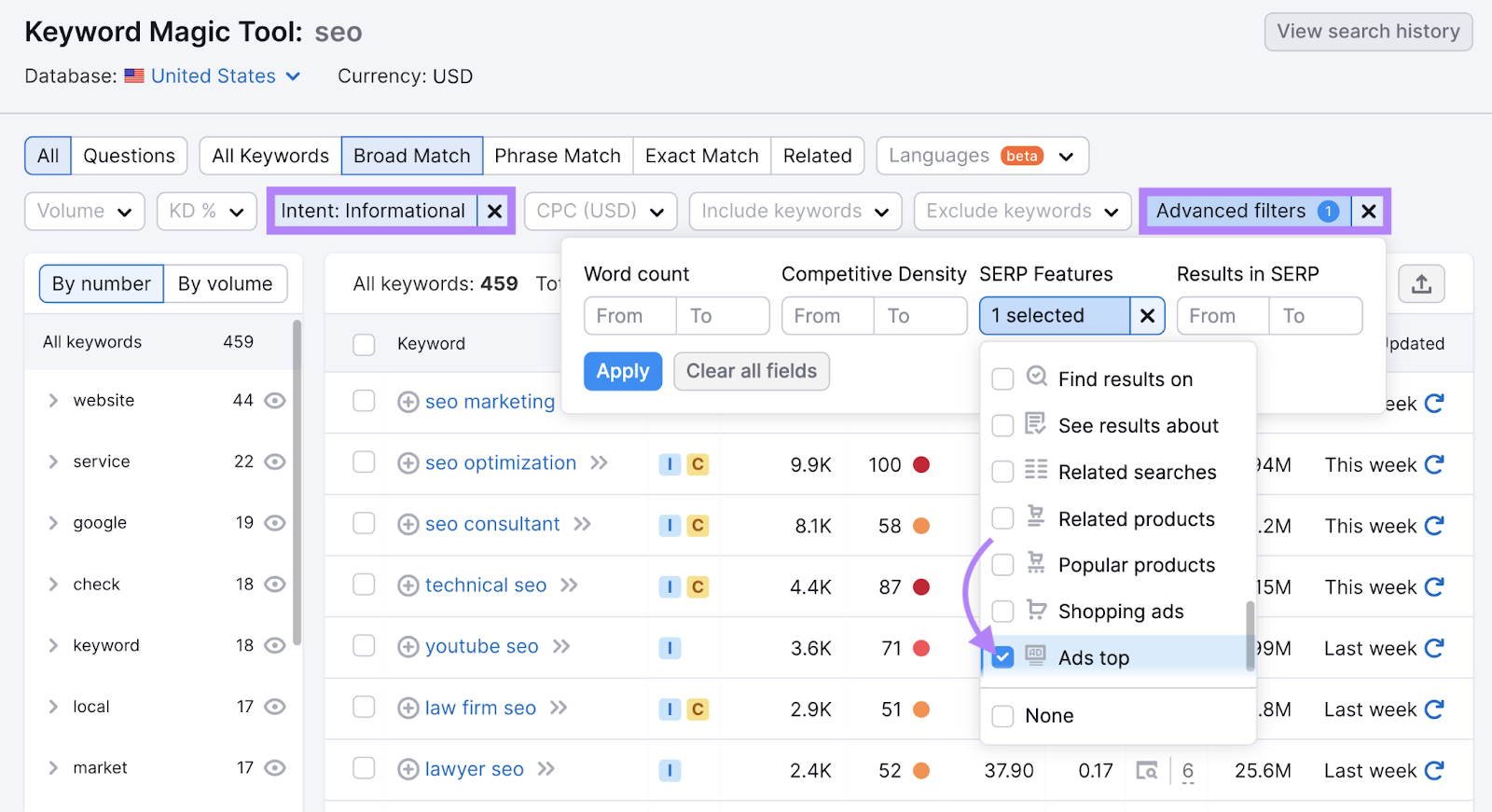 Keyword Magic Tool advanced filters