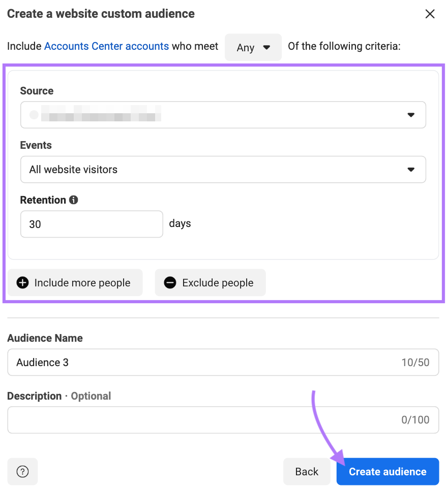 "Create a website custom audience" page