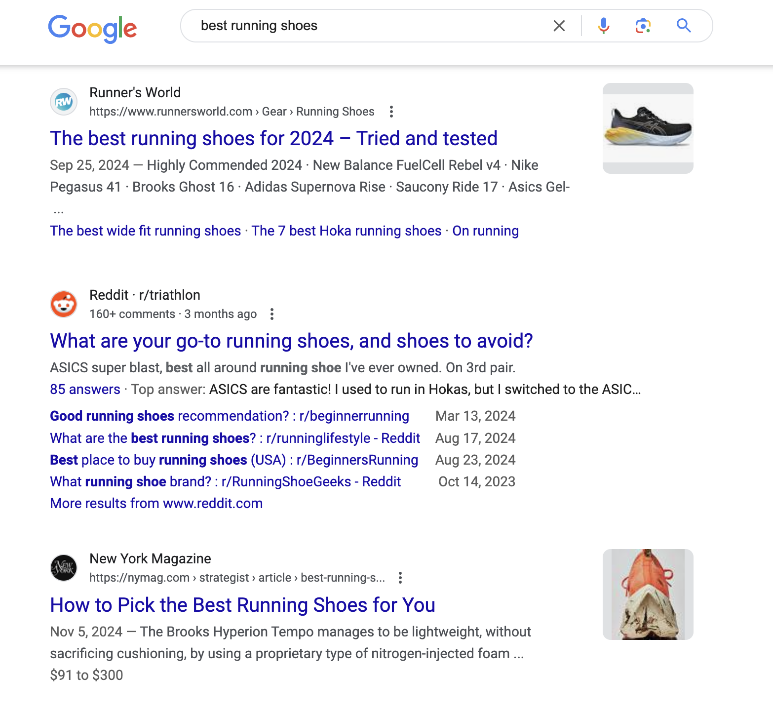 search results page shows organic listings for the best running shoes 2024, reddit threads about running shoes, and how to pick the best running shoes