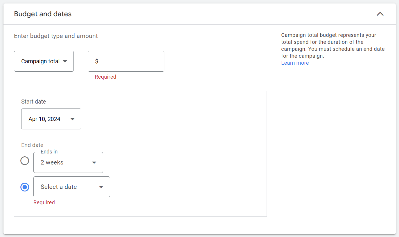 Campaign budget and date section in Google Ads