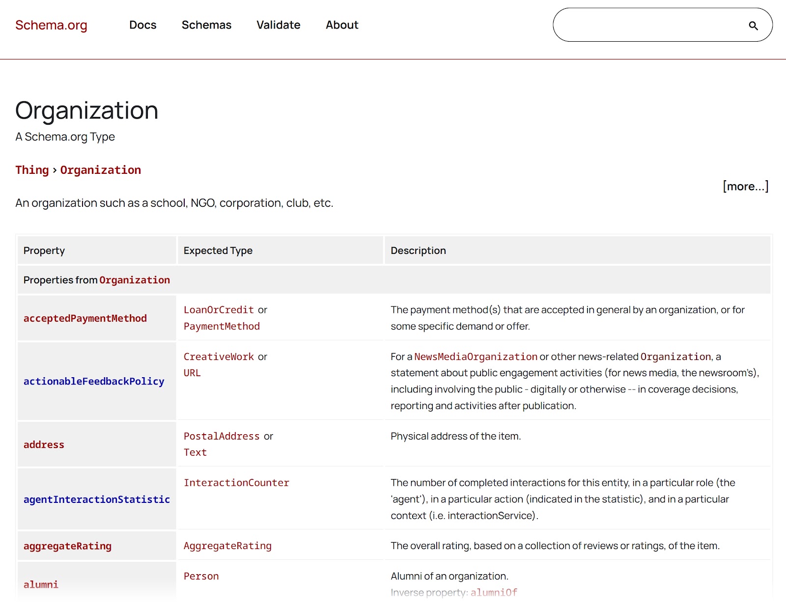 "Organization" page of the "Schema.org" website.