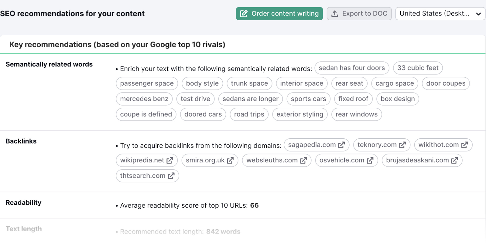 "SEO recommendations for your content" page shows semantically related keywords, backlinks, readability, and text length