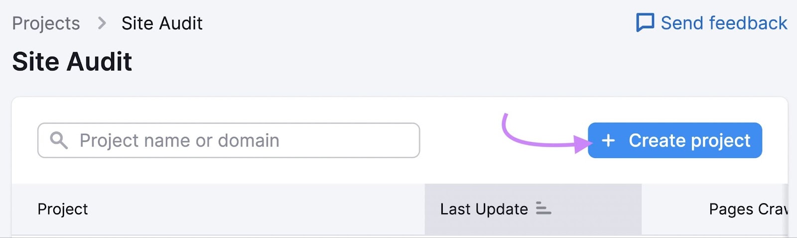 "+ Create project" button in Site Audit tool