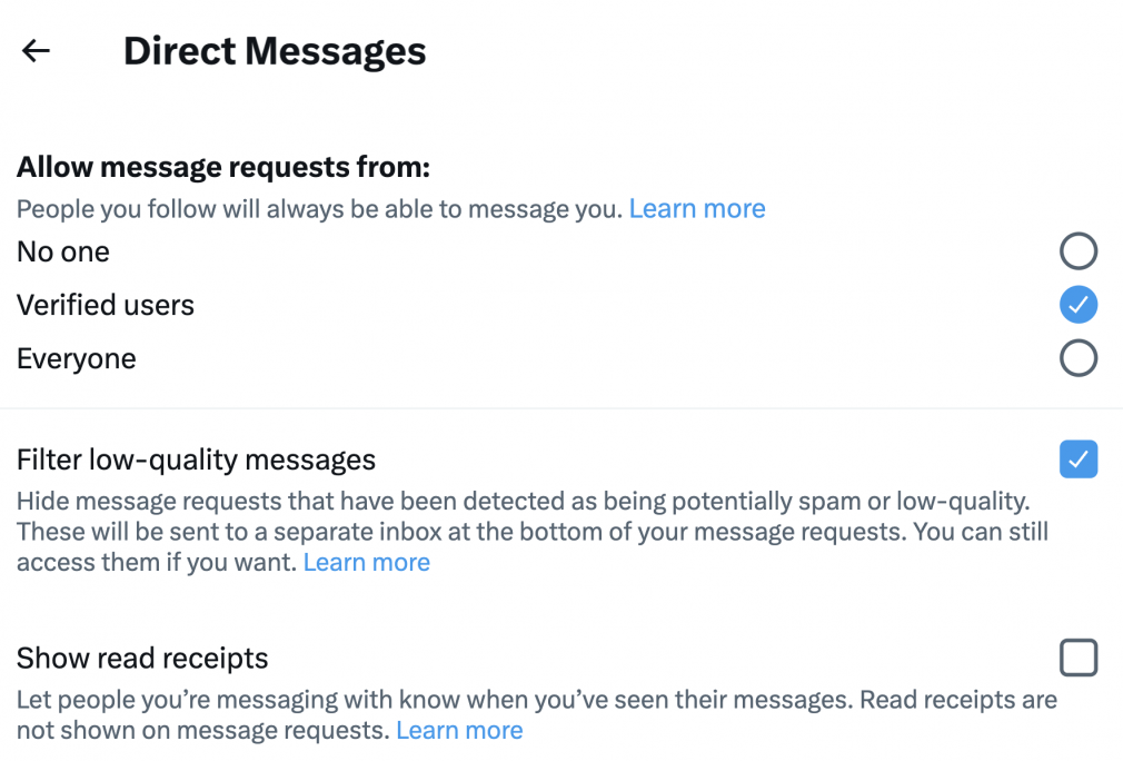 specific direct messaging settings on x
