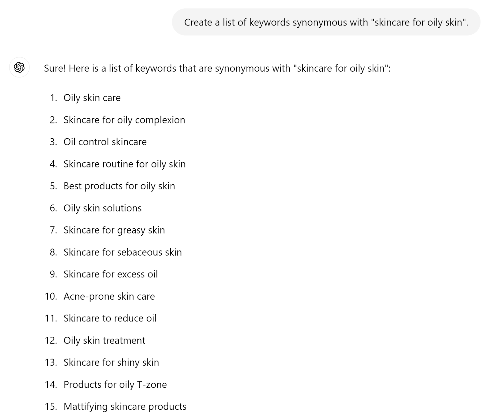 ChatGPT response to prompt for listing synonymous keywords
