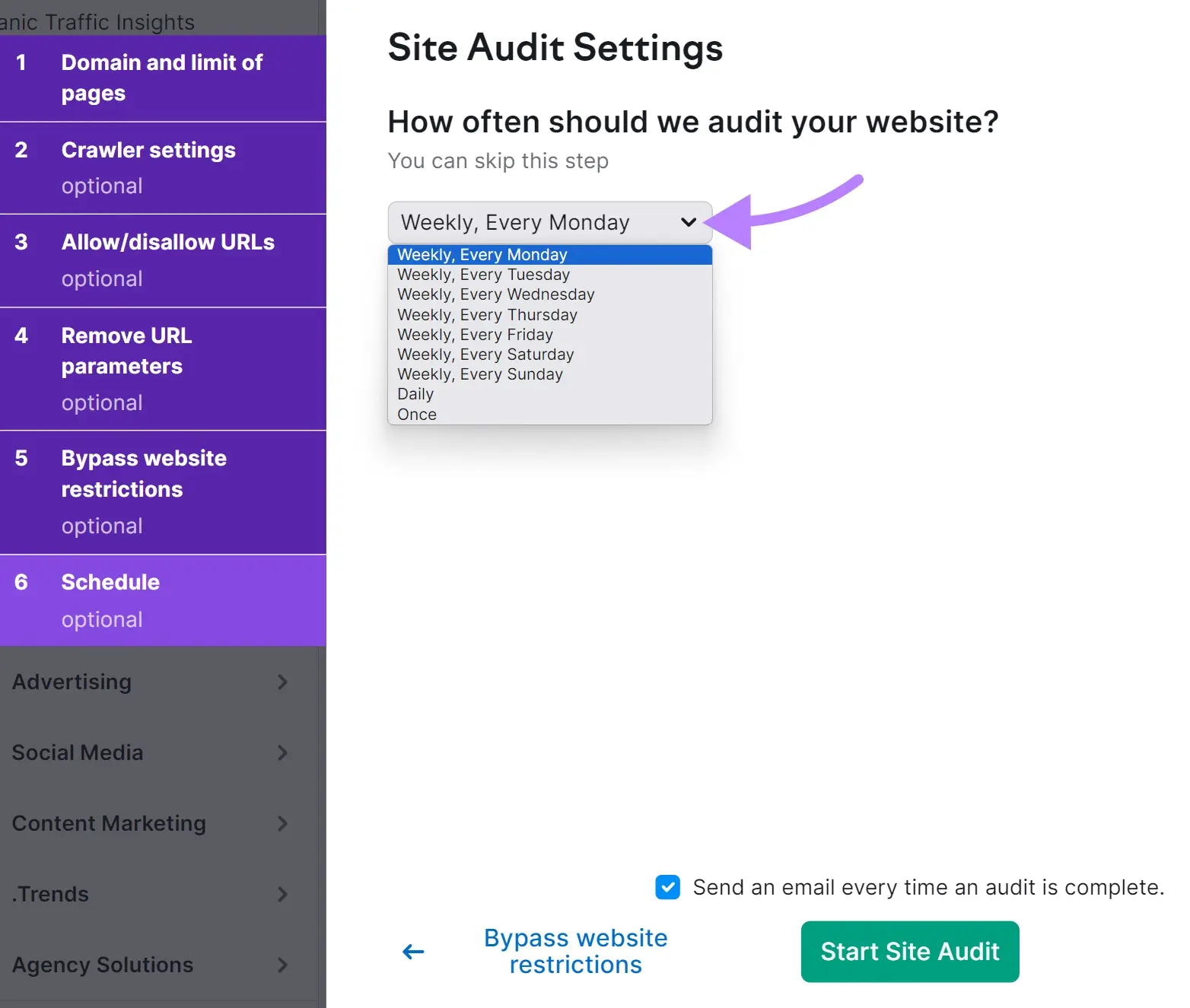 Site Audit schedule options include weekly for any day of the week, daily, or once