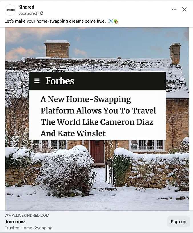 Kindred Facebook Sponsored post comparing their home-swapping platform to a classic romantic comedy.