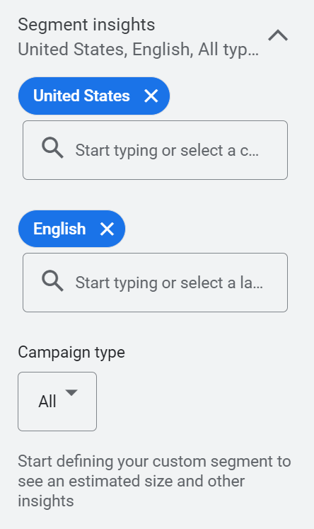 add your target audience’s location, language, and campaign type under “Segment insights” section