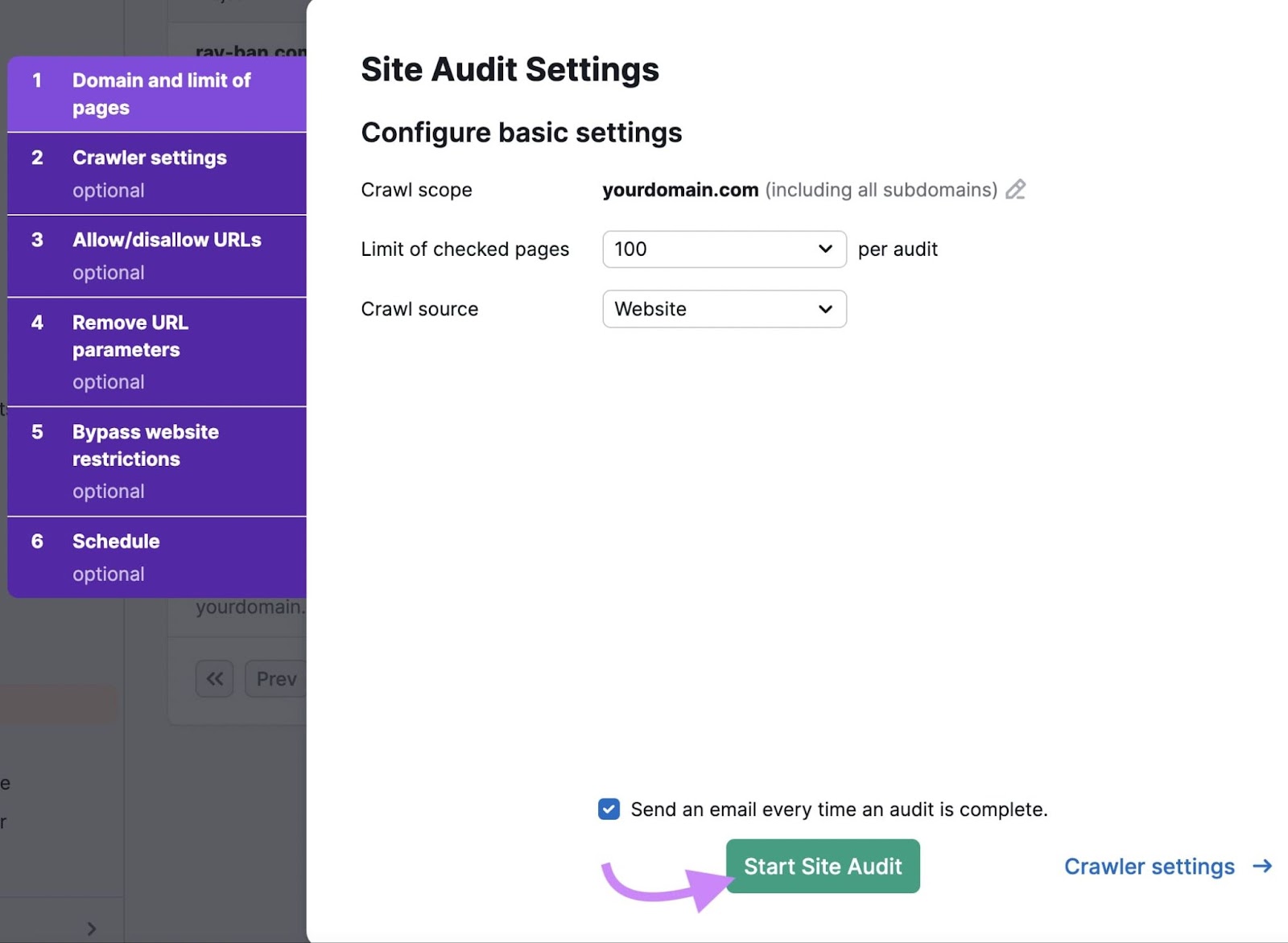 "Site Audit Settings" window