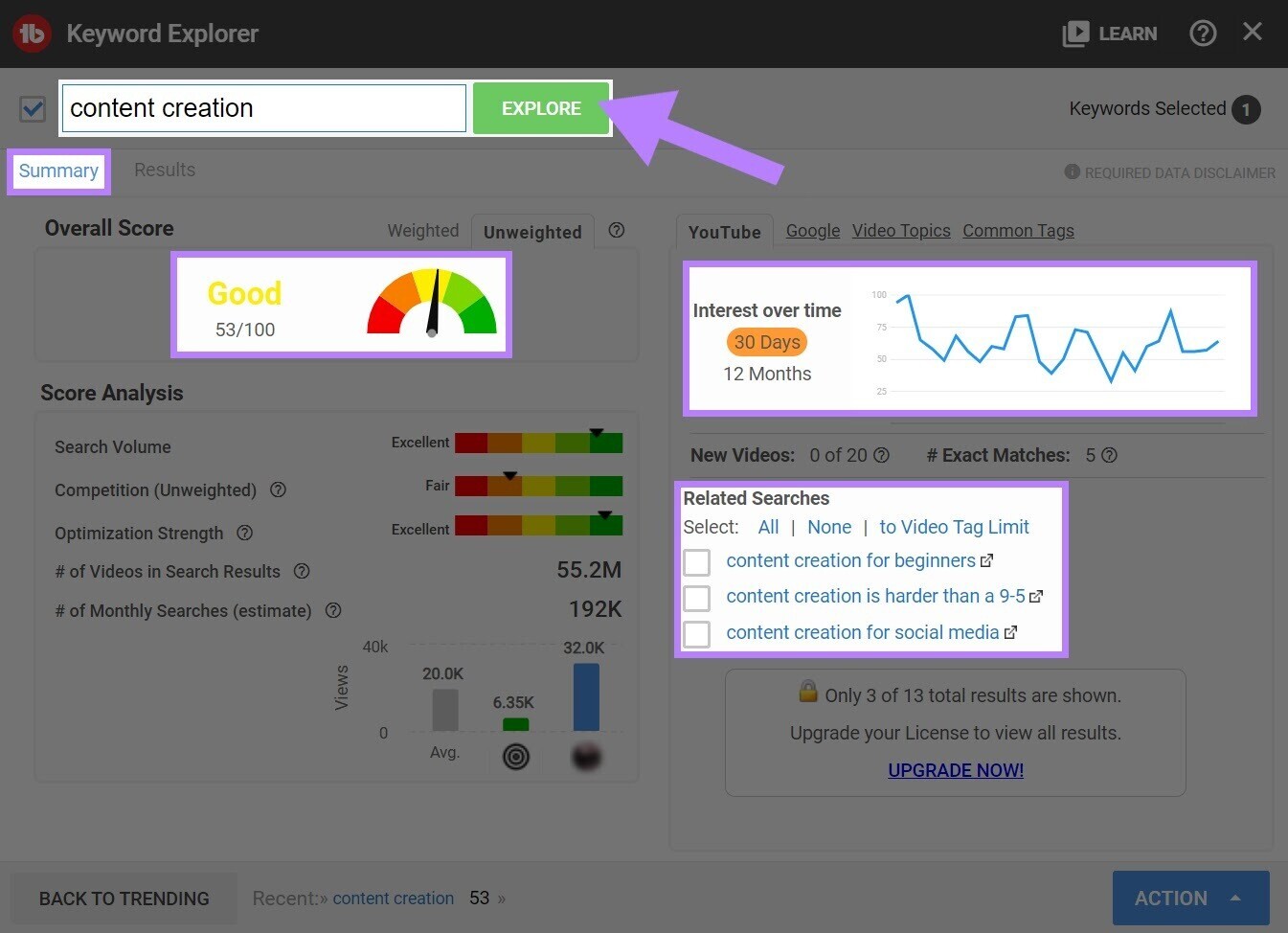 Keyword interest over time on YouTube and Google and related video topics metrics highlighted