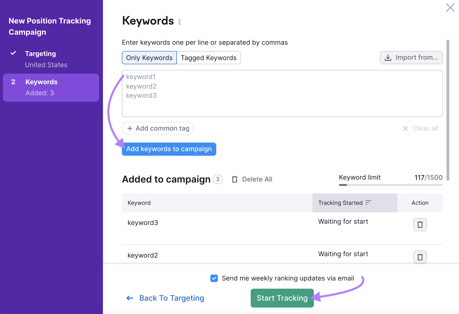 "Keywords" section of the Position Tracking tool settings