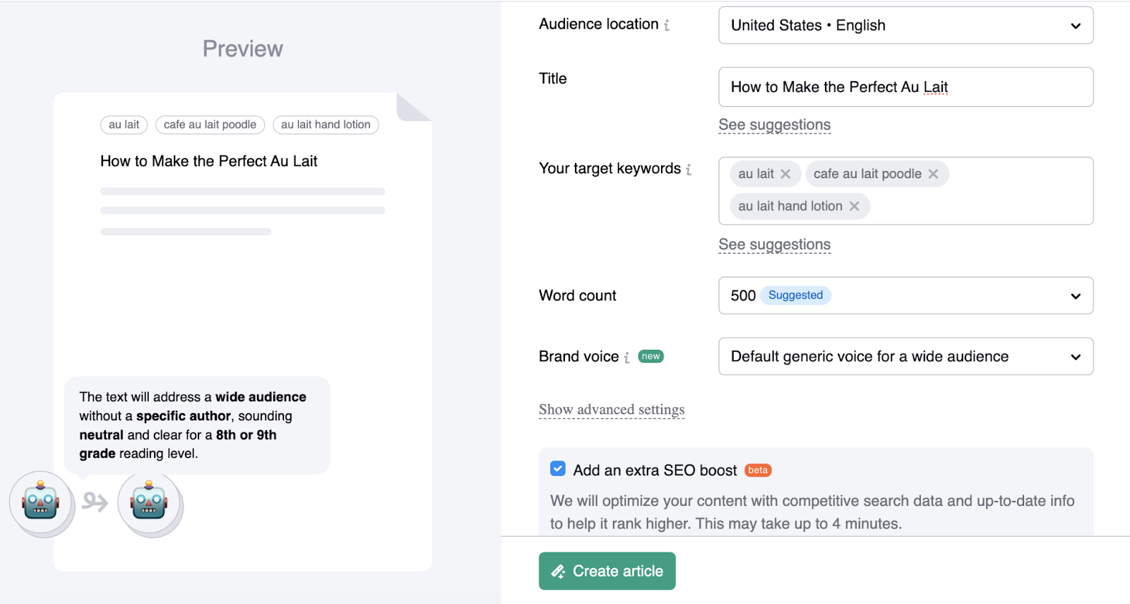 ai copywriting settings include audience location, target keywords, word count, and brand voice. the SEO boost button is also checked.