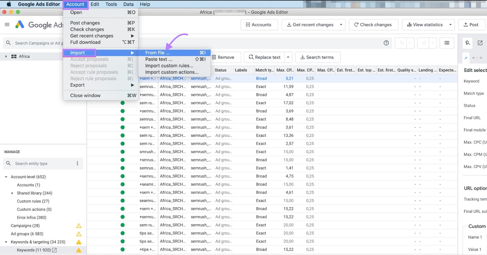 Google Ads Editor with 'Account' tab highlighted alongside 'Import' and 'From file' options
