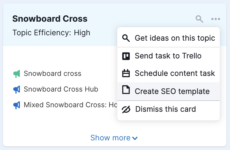 Demonstration of the dropdown menu options available for an idea card. The 'Create SEO template' option is highlighted.