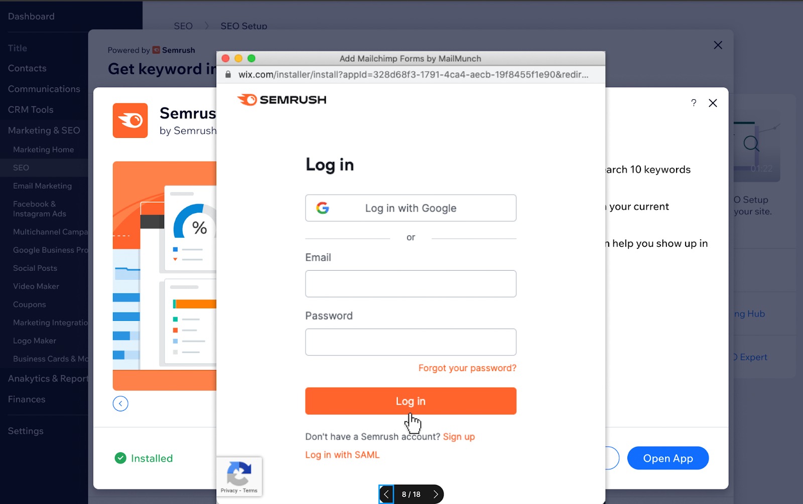 Log in to Semrush during Wix integration