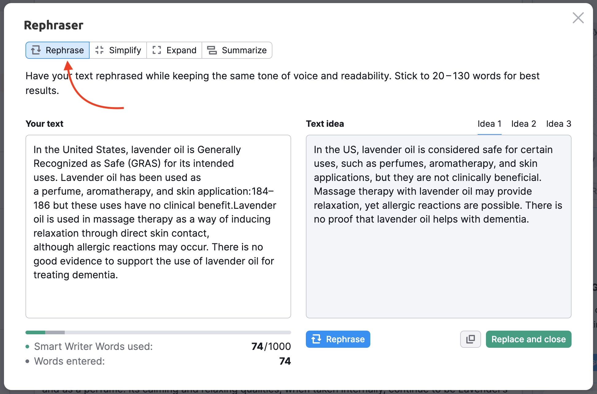 Example showing how to the Rephraser feature works. An arrow points to the 'Rephrase' option in the menu. The example shows two boxes of text: one with your text and the other with the rephrased text idea. 