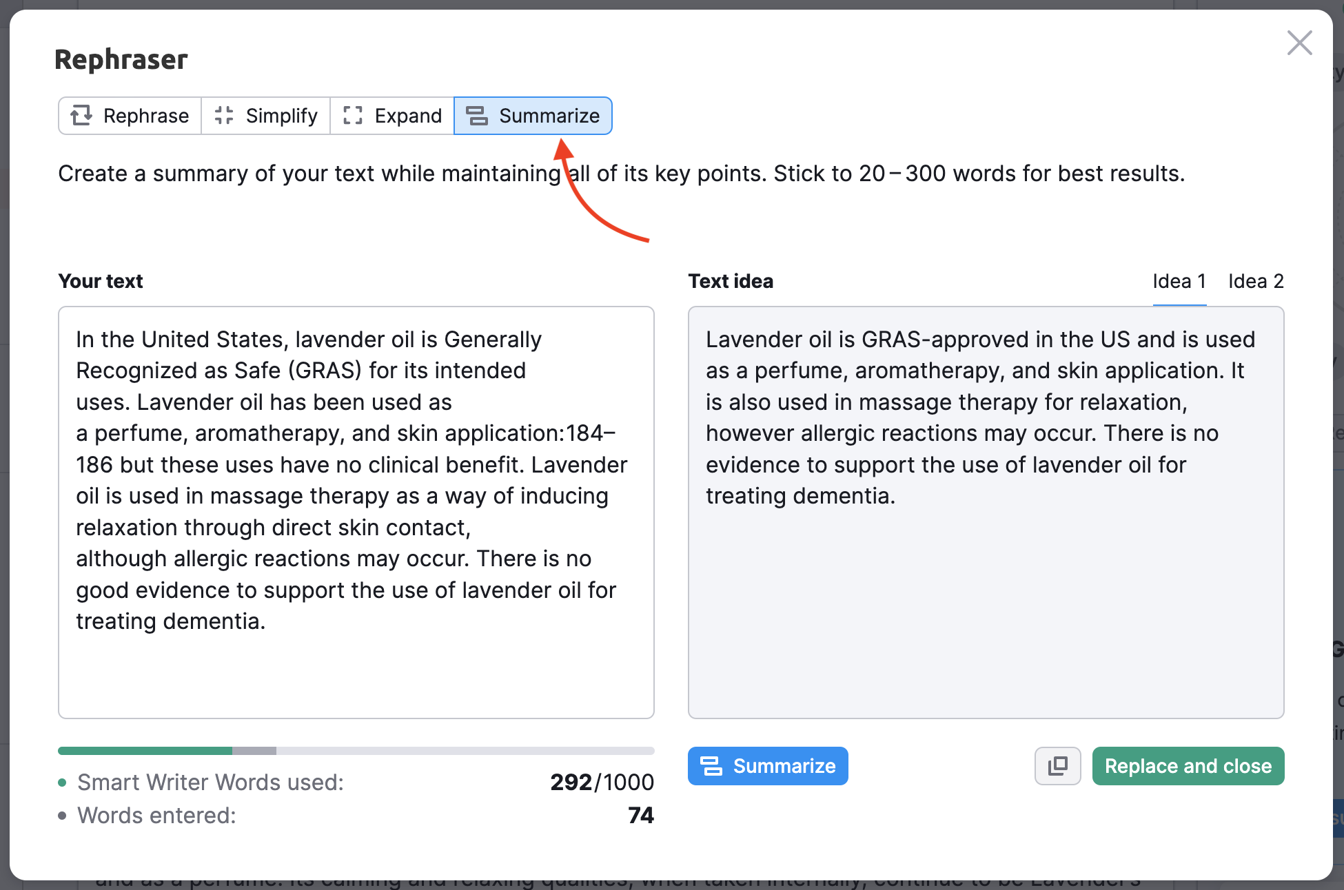 Example showing how to the Rephraser feature works. An arrow points to the 'Summarize' option in the menu. The example shows two boxes of text: one with your text and the other with the summarized text idea. 