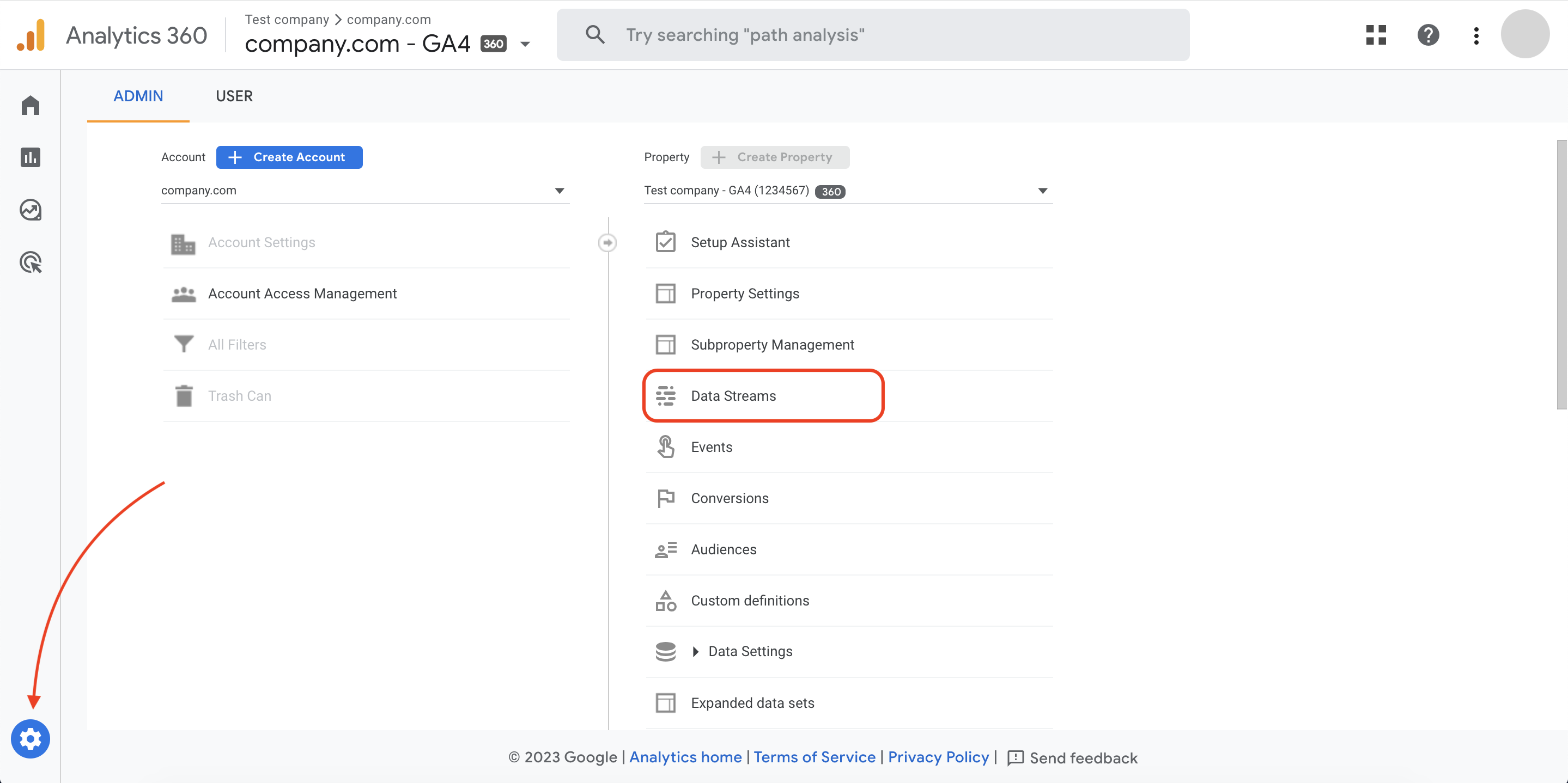 Instruction on where to find the Data Streams settings section. One red arrow is pointing at the gear icon in the bottom left corner; this icon opened the admin settings presented on this screenshot. On the right side, Data Streams section is highlighted in red.