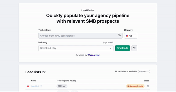 Demonstration of how to create a list of leads within Lead Finder. The user selects the technology "WordPress", presses the "find leads" button and a list of leads are retuned in the tool. 