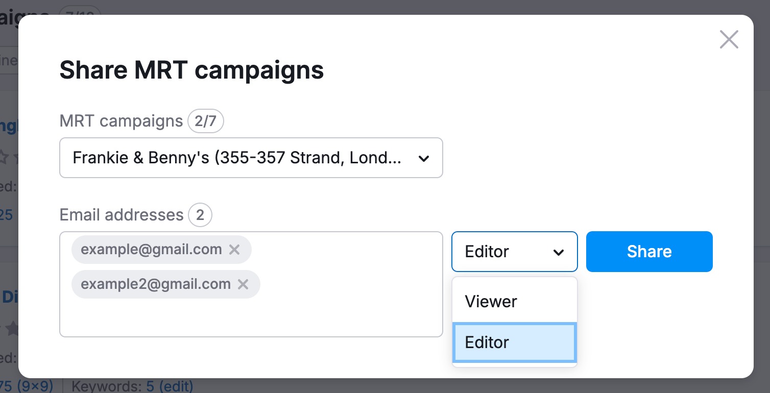 An example of the Share Map Rank Tracker campaigns pop-up with the viewing options: Editor and Viewer. 