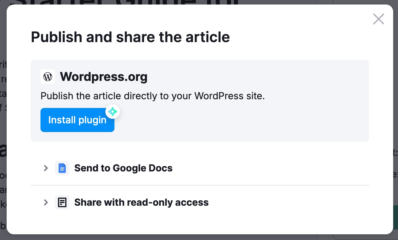 The 'Publish and share article' pop-up.